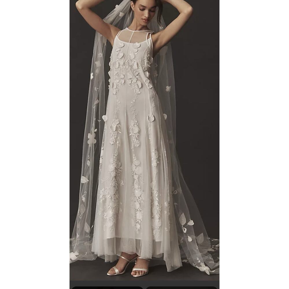 Anthropology BHLDN NEw Ivory Calla Sleeveless Tulle Floral Applique Maxi Dress